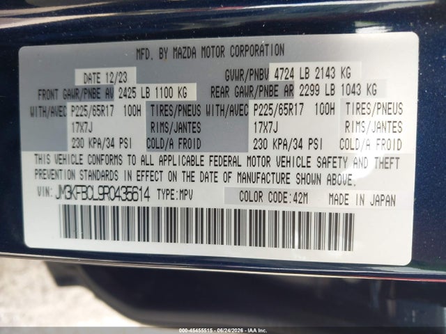 Aukcja sprzedaży 2024 Mazda Cx-5 2.5 S Preferred, vin: JM3KFBCL9R0435614, numer aukcji: 45455515