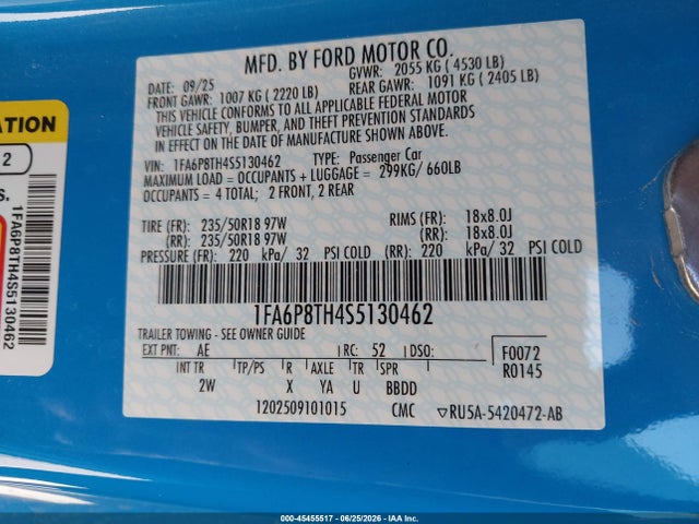 45455517 :رقم المزاد ، 1FA6P8TH4S5130462 vin ، 2025 Ford Mustang Ecoboost Fastback مزاد بيع