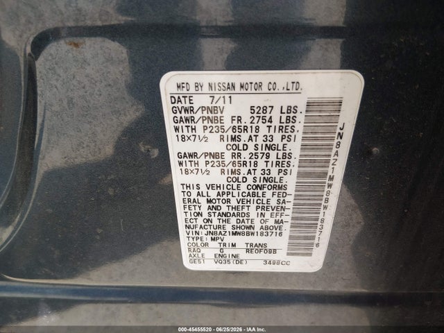 2011 Nissan Murano Sl მანქანა იყიდება აუქციონზე, vin: JN8AZ1MW8BW183716, აუქციონის ნომერი: 45455520