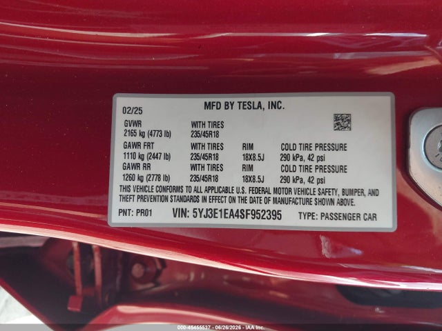 Продаж на аукціоні авто 2025 Tesla Model 3 Long Range Rear-wheel Drive/standard Rear-wheel Drive, vin: 5YJ3E1EA4SF952395, номер лоту: 45455537