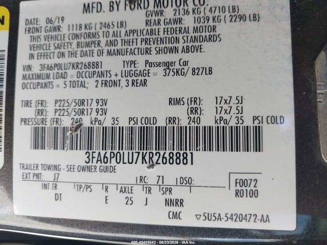 Ford Fusion Hybrid Se 2019 3FA6P0LU7KR268881 Image 9