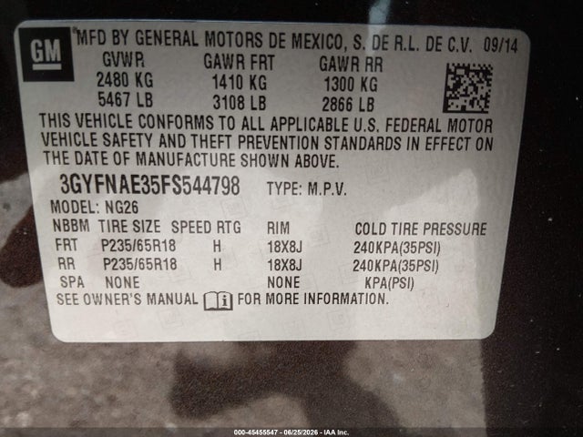 2015 Cadillac Srx Standard მანქანა იყიდება აუქციონზე, vin: 3GYFNAE35FS544798, აუქციონის ნომერი: 45455547