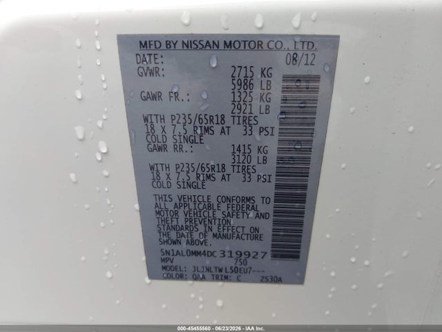 45455560 :رقم المزاد ، 5N1AL0MM4DC319927 vin ، 2013 Infiniti Jx35 مزاد بيع