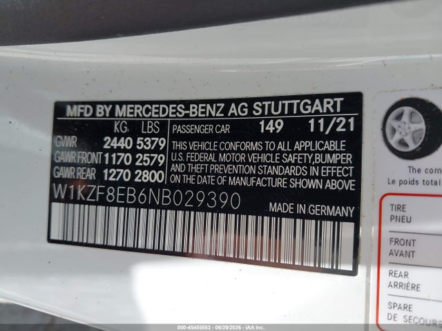 Aukcja sprzedaży 2022 Mercedes-benz E 350 4matic, vin: W1KZF8EB6NB029390, numer aukcji: 45455583