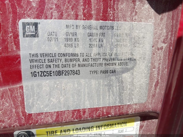 45455635 :رقم المزاد ، 1G1ZC5E10BF297843 vin ، 2011 Chevrolet Malibu 1lt مزاد بيع