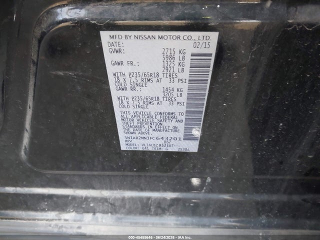 5N1AR2MN3FC643201 Nissan Pathfinder S
