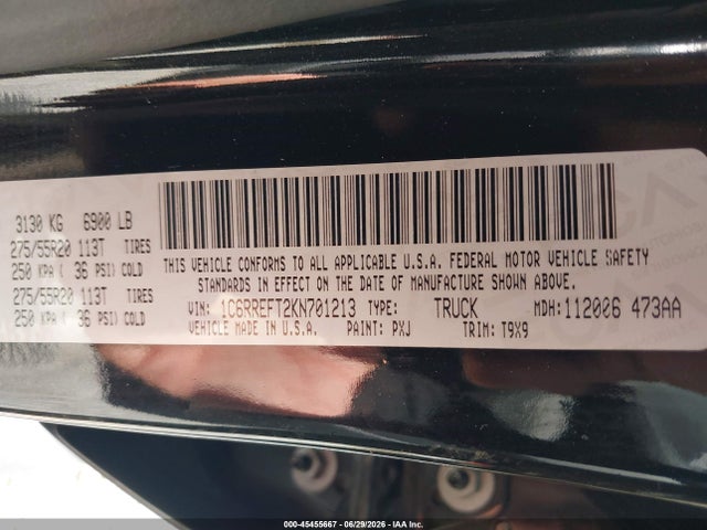 Aukcja sprzedaży 2019 Ram 1500 Big Horn/lone Star  4x2 5'7 Box, vin: 1C6RREFT2KN701213, numer aukcji: 45455667