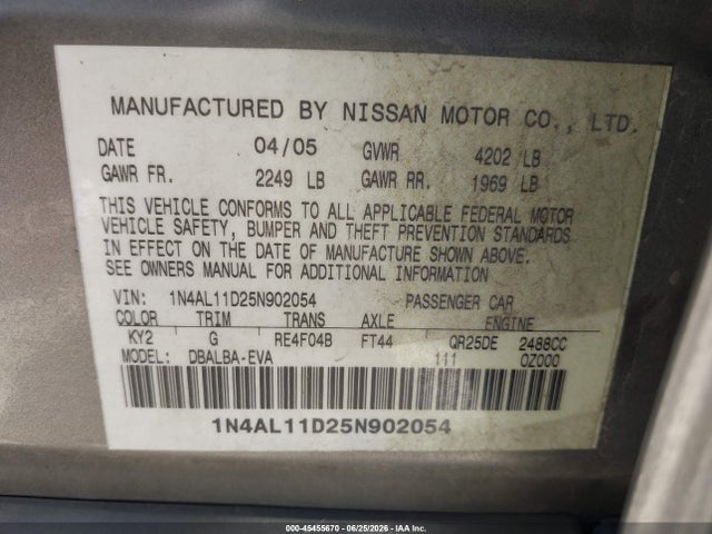 45455670 :رقم المزاد ، 1N4AL11D25N902054 vin ، 2005 Nissan Altima 2.5 S مزاد بيع