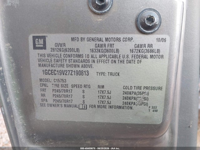 Продажа на аукционе авто 2007 Chevrolet Silverado 1500 Classic Work Truck, vin: 1GCEC19V27Z190813, номер лота: 45455678