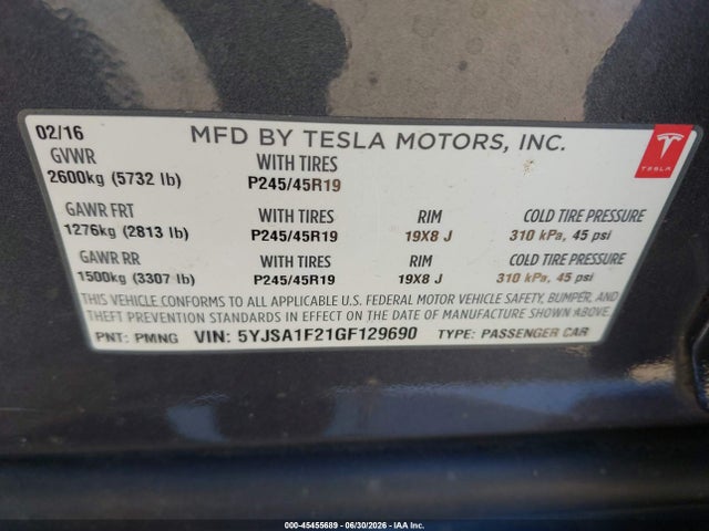 Tesla Model S 60d/70d/75d/85d/90d 2016 5YJSA1E21GF129690 Image 9