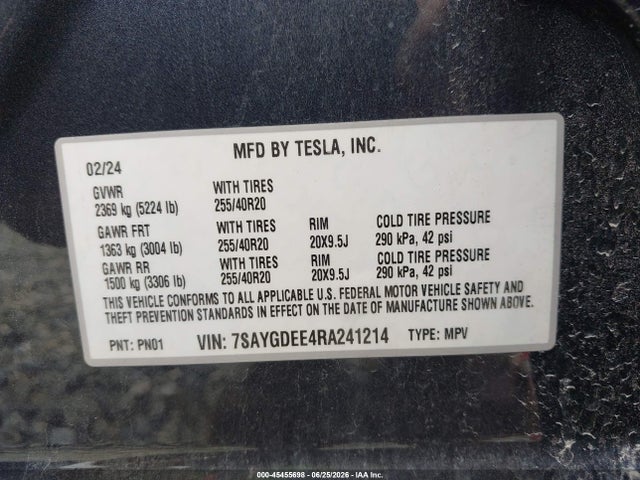 45455698 :رقم المزاد ، 7SAYGDEE4RA241214 vin ، 2024 Tesla Model Y Long Range Dual Motor All-wheel Drive مزاد بيع