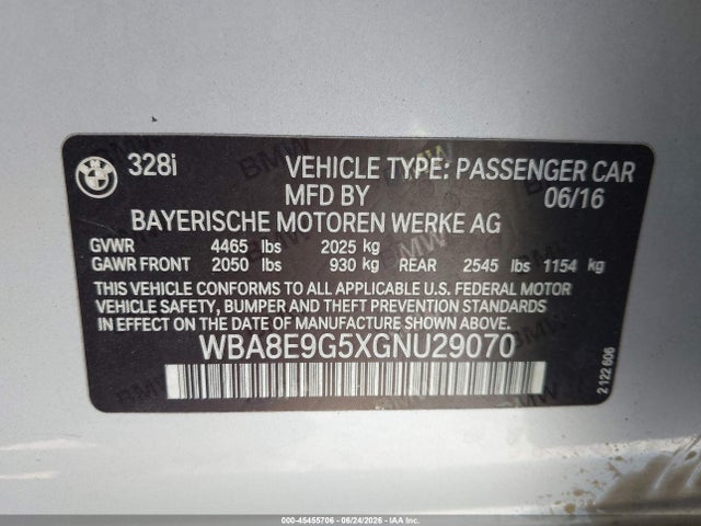 Продажа на аукционе авто 2016 Bmw 328i, vin: WBA8E9G5XGNU29070, номер лота: 45455706