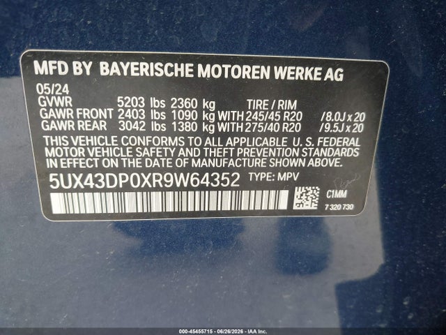 45455715 :رقم المزاد ، 5UX43DP0XR9W64352 vin ، 2024 Bmw X3 Sdrive30i مزاد بيع