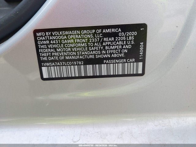 Aukcja sprzedaży 2020 Volkswagen Passat 2.0t Se, vin: 1VWSA7A37LC019782, numer aukcji: 45455750