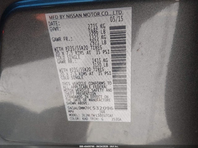 2015 Infiniti Qx60 მანქანა იყიდება აუქციონზე, vin: 5N1AL0MM7FC532096, აუქციონის ნომერი: 45455768