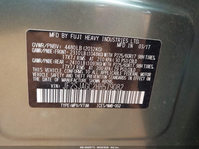 Продажа на аукционе авто 2017 Subaru Forester 2.5i Premium, vin: JF2SJAGC2HH579082, номер лота: 45455773