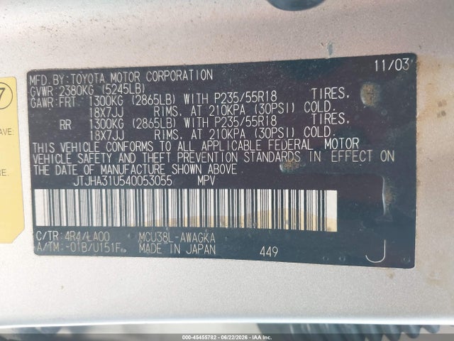 Aukcja sprzedaży 2004 Lexus Rx 330, vin: JTJHA31U540053055, numer aukcji: 45455782