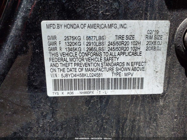 Aukcja sprzedaży 2019 Acura Mdx Tech Pkg, vin: 5J8YD4H58KL024581, numer aukcji: 45455825