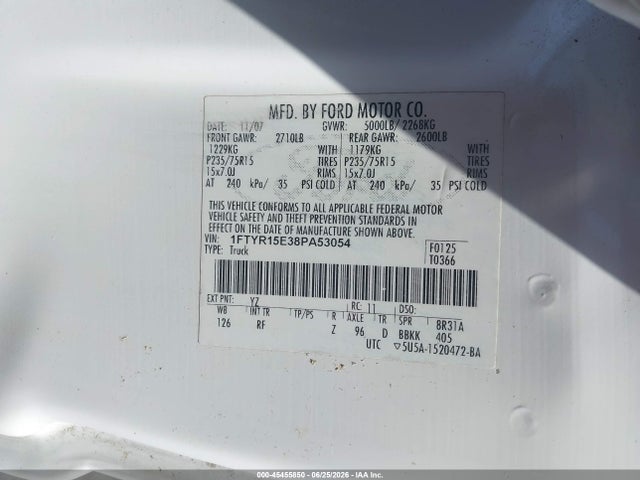 45455850 :رقم المزاد ، 1FTYR15E38PA53054 vin ، 2008 Ford Ranger Fx4 Off-rd/sport/xl/xlt مزاد بيع