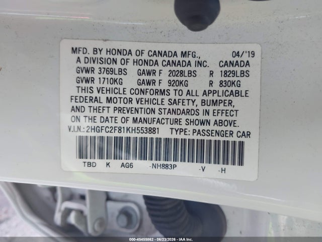 Продажа на аукционе авто 2019 Honda Civic Sport, vin: 2HGFC2F81KH553881, номер лота: 45455862