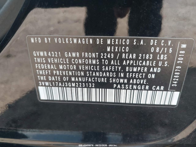 45455876 :رقم المزاد ، 3VWL17AJ3GM223132 vin ، 2016 Volkswagen Jetta 1.8t Sel مزاد بيع