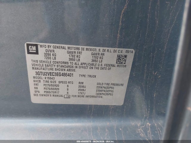 Aukcja sprzedaży 2014 Gmc Sierra 1500 Slt, vin: 3GTU2VEC3EG486401, numer aukcji: 45455875