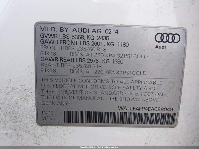 45455880 :رقم المزاد ، WA1LFAFP4EA088049 vin ، 2014 Audi Q5 2.0t Premium مزاد بيع