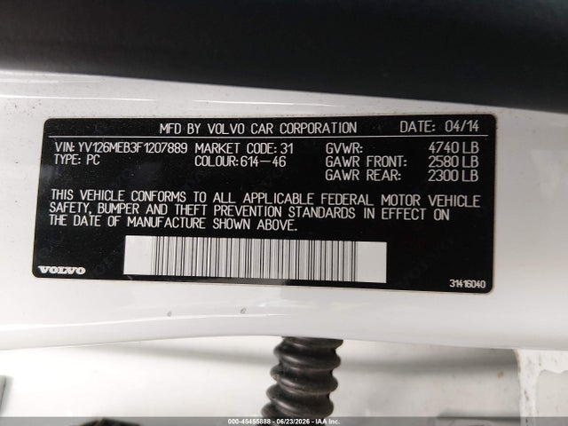 Aukcja sprzedaży 2015 Volvo V60 T5 Premier, vin: YV126MEB3F1207889, numer aukcji: 45455888