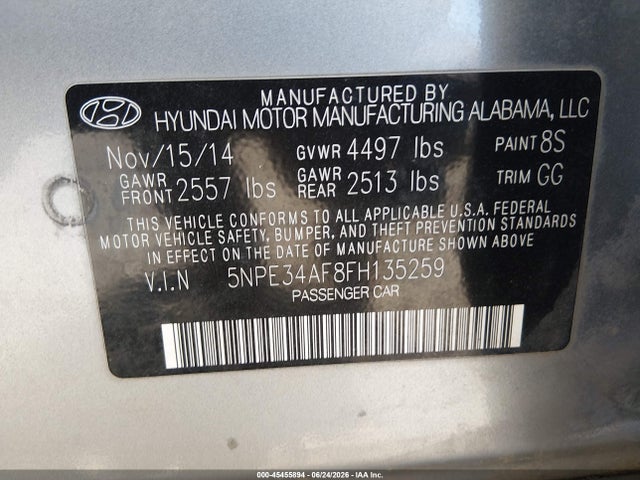 2015 Hyundai Sonata Sport მანქანა იყიდება აუქციონზე, vin: 5NPE34AF8FH135259, აუქციონის ნომერი: 45455894
