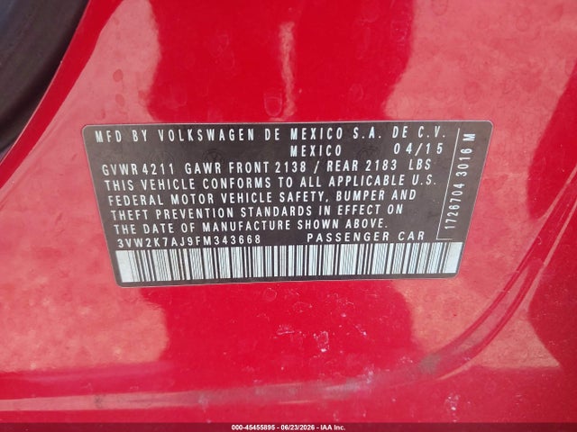 Aukcja sprzedaży 2015 Volkswagen Jetta 2.0l S, vin: 3VW2K7AJ9FM343668, numer aukcji: 45455895