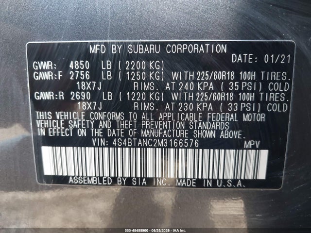 Продажа на аукционе авто 2021 Subaru Outback Limited, vin: 4S4BTANC2M3166576, номер лота: 45455900