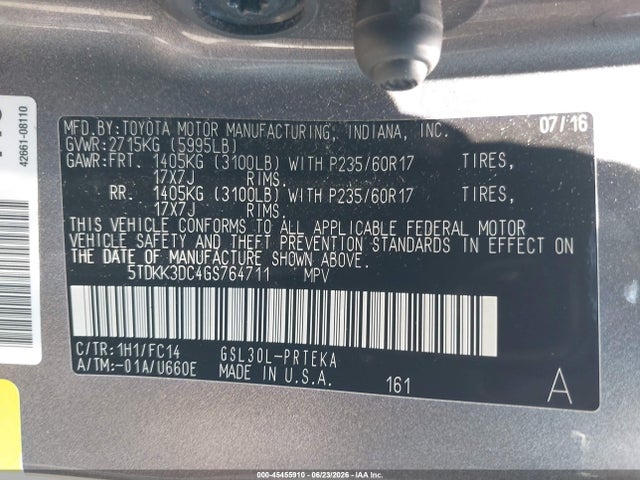 5TDKK3DC4GS764711 Toyota Sienna Le 8 Passenger