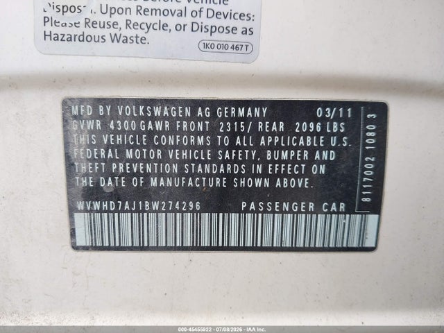 2011 Volkswagen Gti 4-door Autobahn მანქანა იყიდება აუქციონზე, vin: WVWHD7AJ1BW274296, აუქციონის ნომერი: 45455922