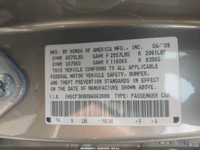Продажа на аукционе авто 2009 Honda Accord 3.5 Ex-l, vin: 1HGCP368X9A042689, номер лота: 45455933