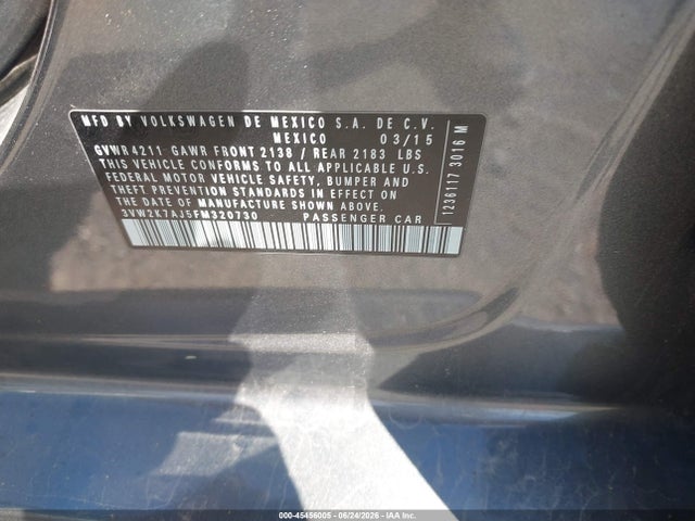 45456005 :رقم المزاد ، 3VW2K7AJ5FM320730 vin ، 2015 Volkswagen Jetta 2.0l S مزاد بيع