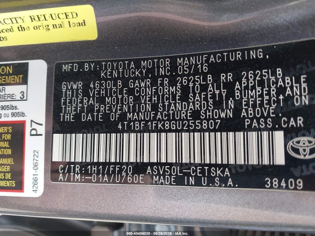 45456030 :رقم المزاد ، 4T1BF1FK8GU255807 vin ، 2016 Toyota Camry Se مزاد بيع