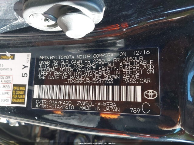 45456065 :رقم المزاد ، JTDKBRFU9H3547733 vin ، 2017 Toyota Prius Two مزاد بيع