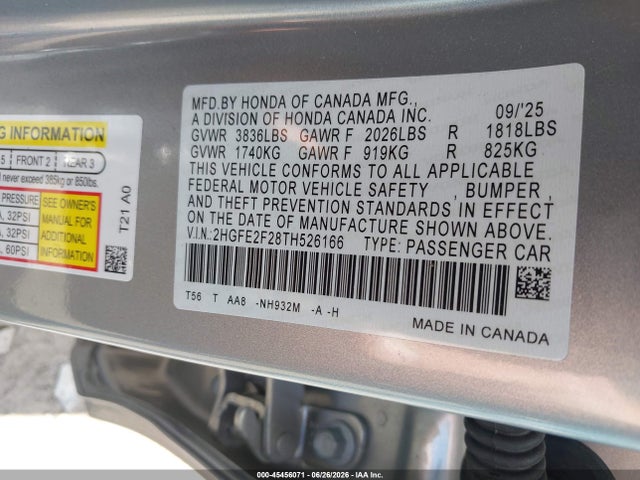 2026 Honda Civic Lx მანქანა იყიდება აუქციონზე, vin: 2HGFE2F28TH526166, აუქციონის ნომერი: 45456071