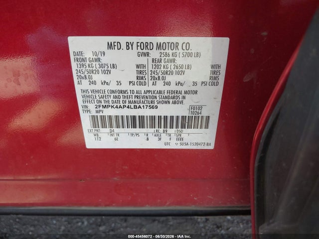 45456072 :رقم المزاد ، 2FMPK4AP4LBA17569 vin ، 2020 Ford Edge St مزاد بيع