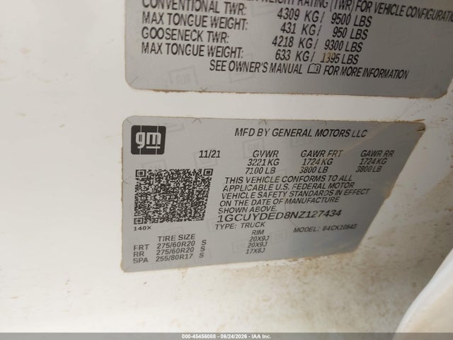 Продаж на аукціоні авто 2022 Chevrolet Silverado 1500 Ltd 4wd  Short Bed Lt, vin: 1GCUYDED8NZ127434, номер лоту: 45456088