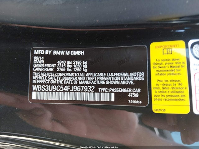 2015 Bmw M4 მანქანა იყიდება აუქციონზე, vin: WBS3U9C54FJ967932, აუქციონის ნომერი: 45456090