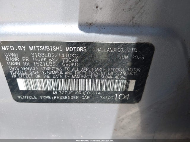 2024 Mitsubishi Mirage G4 Es მანქანა იყიდება აუქციონზე, vin: ML32FUFJ9RHF00614, აუქციონის ნომერი: 45456123