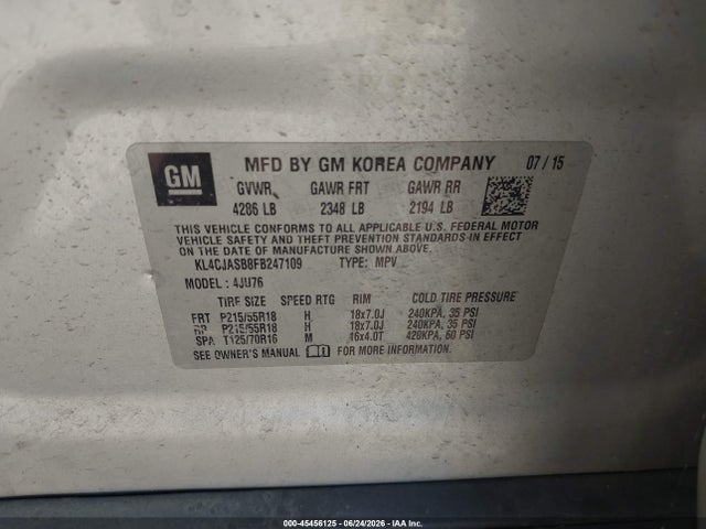 45456125 :رقم المزاد ، KL4CJASB8FB247109 vin ، 2015 Buick Encore مزاد بيع
