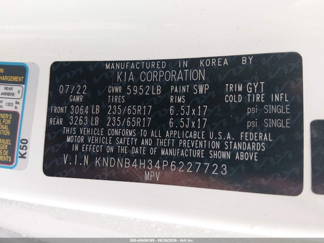 2023 Kia Carnival Mpv Lx Seat Package მანქანა იყიდება აუქციონზე, vin: KNDNB4H34P6227723, აუქციონის ნომერი: 45456169