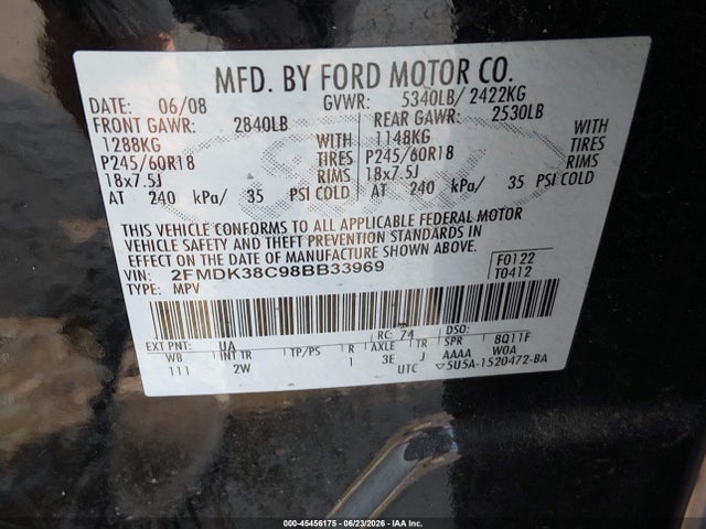 45456175 :رقم المزاد ، 2FMDK38C98BB33969 vin ، 2008 Ford Edge Sel مزاد بيع