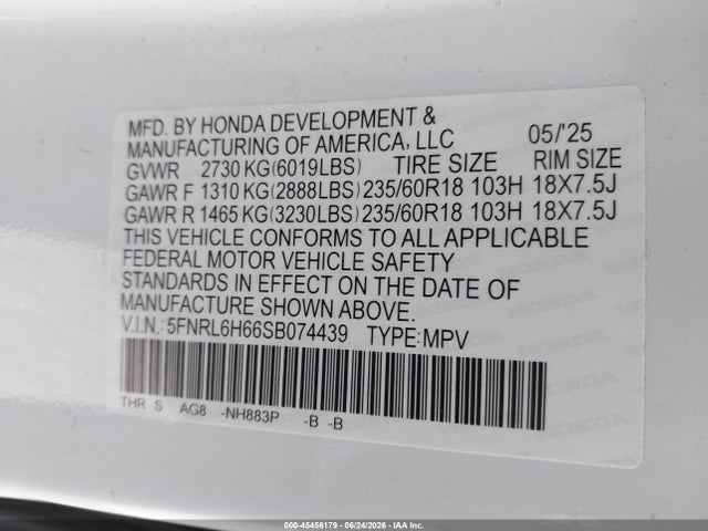 5FNRL6H66SB074439 Honda Odyssey Ex-l