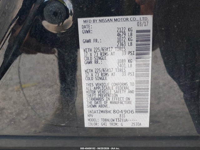 Продаж на аукціоні авто 2017 Nissan Rogue Sv, vin: 5N1AT2MV8HC804906, номер лоту: 45456182