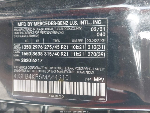 45456221 :رقم المزاد ، 4JGFB4KB5MA449101 vin ، 2021 Mercedes-benz Gle 350 4matic مزاد بيع