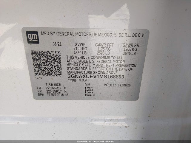 Продаж на аукціоні авто 2021 Chevrolet Equinox Awd Lt, vin: 3GNAXUEV1MS168893, номер лоту: 45456230