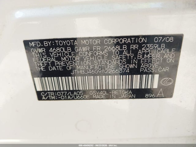Aukcja sprzedaży 2008 Lexus Es 350, vin: JTHBJ46G982266374, numer aukcji: 45456252